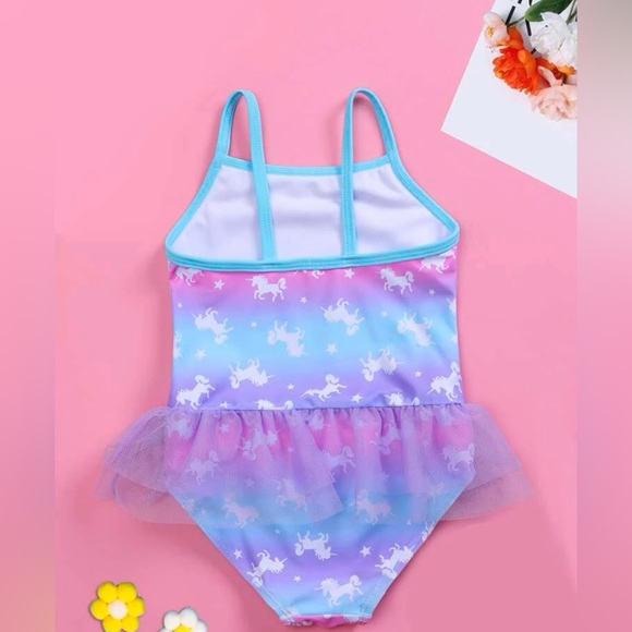 Toddler Girls Unicorn Print Mesh Ruffle One Piece Swimsuit - Picture 4 of 6